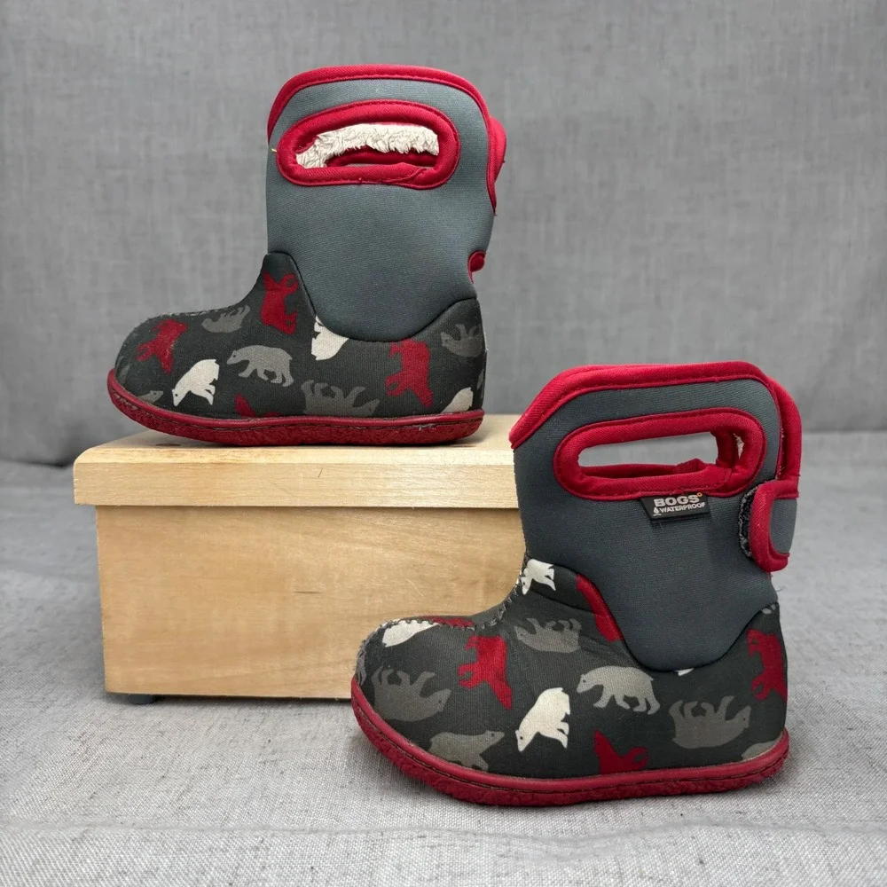 Bogs Baby Bogs Polar Bear Gray Red Waterproof Insulated Winter Boots Kids Size 5